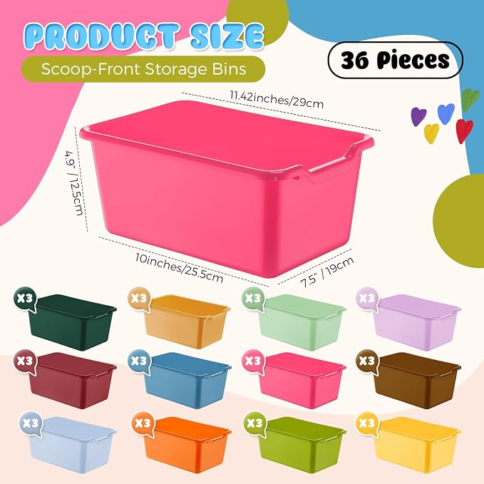 36 Pcs Book Bins for Classroom Plastic Cubby Bins Vintage Color | Scoop Front Storage Bins for Classroom Library Stackable Toy Containers for School Office Home Nursery Playroom - Image 2