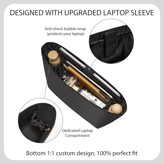 Tote Bag Organizer Insert for Coach City 33 Bag, Premium Soft Nylon Purse Organizer Insert with Laptop Sleeve, Handbag Inner Divider Shaper with Elastic Cup Holder & Smooth Zipper(City33/Black) - Image 2