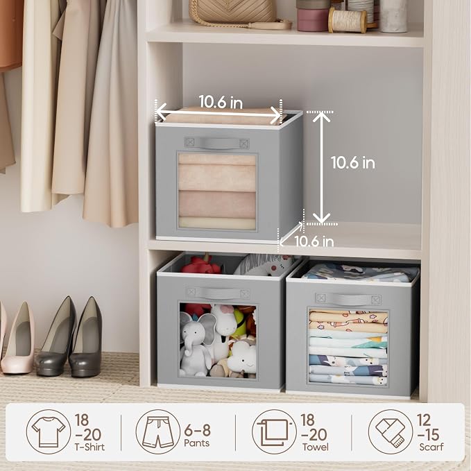 Foldable Storage Cubes - Cubby Storage Organizer with Window, Decorative Baskets for Organizing, Fabric Bins for Clothes Storage, Closet Storage Cubes 11inch, Set of 12, Grey - Image 4