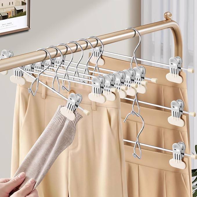HUADYMEET 14 Inch Space Saving Pant Skirt Hangers with Clips,Beige,50 Pack | Metal,Heavy Duty,Adjustable,Hanger for Pants Jeans Shorts Clothes Slacks Trousers,For Adult Men Women Children,Non Slip - Image 2