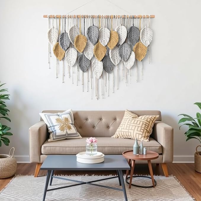 Large Macrame Wall Hanging Boho Woven Tapestry Chic Modern Home Decorations | KHOYIME Bohemian Farmhouse Handmade Leaf Feather Wall Art Decor for Living Room Bedroom Nursery Dorm Backdrop 39" W X 29.5" L - Image 3