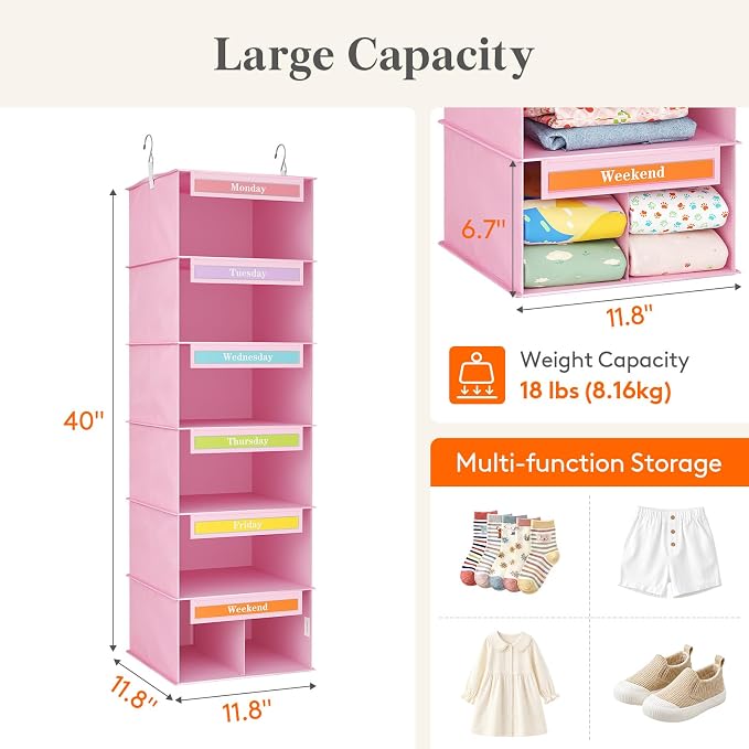 Lifewit 6 Shelf Weekly Hanging Clothes Storage Organizer for Kids, Pink | Closet Storage with Color Labels for School Outfits, Daily Clothing Divider with Days of The Week Monday to Friday Weekend - Image 4