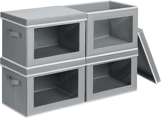 Large Storage Bins with Lids - Stackable Cube Bins for Closet, 4 Pack Clear Windows Fabric Organizer Bins, Home Organizers and Storage for Clothes, CD, Towels, Grey by Homsorout