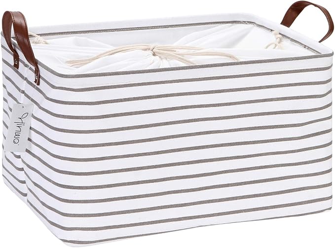 Hinwo 31L Large Canvas Storage Bin with Lid and Handles | Collapsible Fabric Basket, Closet Shelf Organizer, Container for Clothing, Blankets, Toys, Bedding (Gray Stripe) by Hinwo