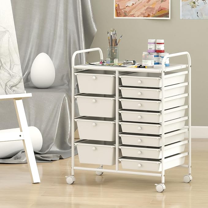 RELAX4LIFE 12-Drawer Rolling Storage Cart - Mobile Utility Drawer Carts | White Metal Frame & Drawers, Rolling Mobility Wheels; Craft Storage For Classroom School Home Office Utility Organization - Image 9