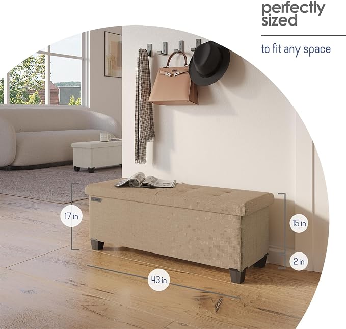 Storage Ottoman Bench with Bins, 43-in Storage Bench for Bedroom End of Bed, Folding Foot Rest Ottoman for Living Room Max 660lbs, Fabric Ottomans, Taupe - Image 8