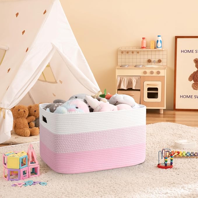 OIAHOMY Blanket Basket Laundry Basket Dog Toy Basket 75L Pink/White | Large Storage Basket,Baby Basket,Toy Storage,Woven Rope Basket for Blankets,Blanket Storage for Living Room - Image 2