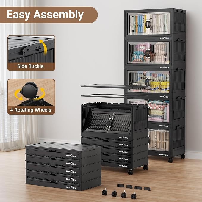 BROVIEW 180Qt Stackable Storage Bins with Lid, Extra Large Closet Organizer Collapsible Drawer Boxes with Wheels, Folding Plastic Cabinet Containers for Home Kitchen Room Organization, 3Pack Black - Image 6
