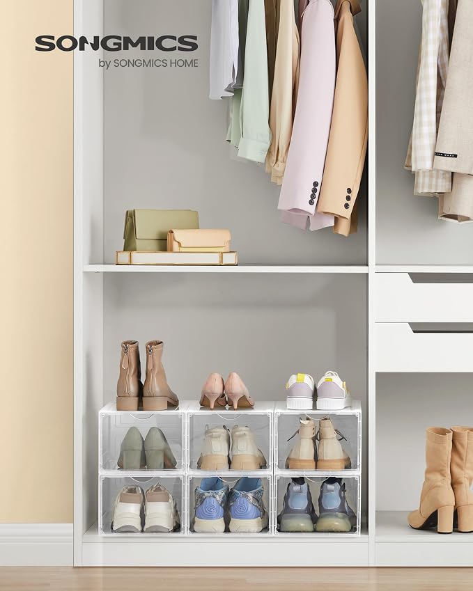 SONGMICS Shoe Boxes, Set of 6, Clear Plastic Sneaker Box, Up to US Size 11 | Stackable Shoe Storage Organizers, Drop Front Door, 13 x 9.8 x 7.1 Inches, Transparent White, DENNYS Collection ULSP032W06 - Image 2