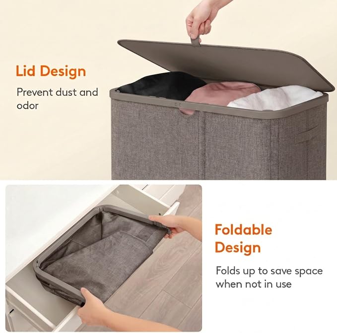 Lifewit 185L 3 Section Laundry Hamper with Lid, Laundry Basket, Brown | Large Foldable Laundry Sorter with 3 Removable Bags, Tall Clothes Hamper for Bedroom and Bathroom - Image 7