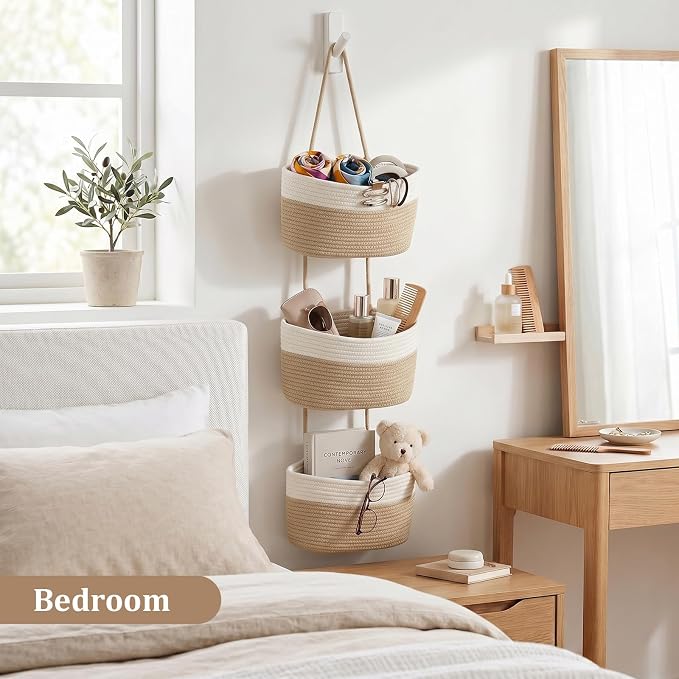 TeoKJ Over the Door Hanging Basket, 3-Tier Woven Cotton Wall-Mounted Storage Organizer Bag Decorative Hanging Nursery Baskets, White & Jute - Image 8