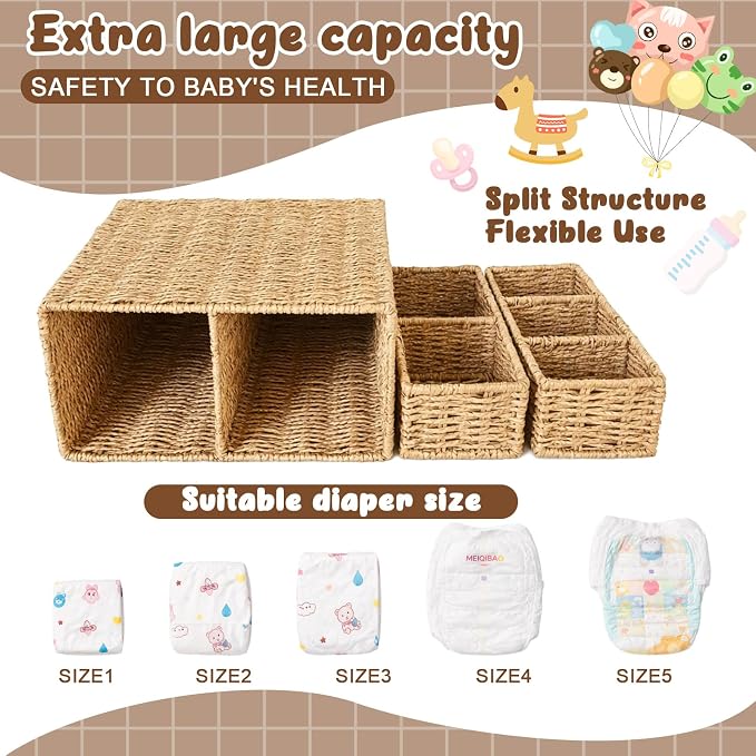 Large Wicker Diaper Caddy Organizer, Detachable Modular Changing Table Organizer for Nursery, Woven Diaper Storage Dispenser Basket for Nursery Diapering Baby Essentials Gift (Khaki,Paper) - Image 3