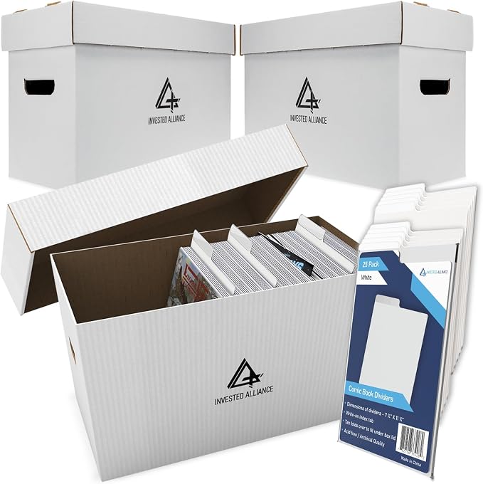 Bundle Set Premium Short Comic Book Storage Box Organizer with Lid | Thick Cardboard Comic Storage Box For Collectibles Fits 150-175 Current/Silver Age, Heavy Duty & Stackable. by InvestedAlliance