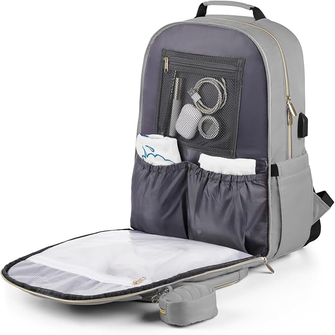 Diaper Bag Backpack, Quilted Baby Bag with Changing Pad and Stroller Straps and Pacifier Case, Large Travel Diaper Bags for Mom Dad, Grey - Image 4