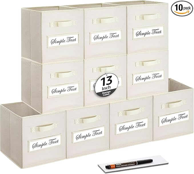 13x13x13 storage cube bins (Set of 10) Fabric storage cubes with 10 Labels Window Cards & a Pen, storage cubes 13x13, Collapsible 13 inch cube storage bins, Cubby Organizer Boxes, Beige by Artsdi