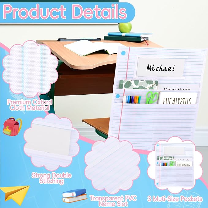 gisgfim 24Pcs Notebook Chair Pockets for Classroom Notebook Chair Back Buddy Pocket with Name Tags 17x20In Chairs Organizer 3 Pockets Seat Storage Pocket for School Classroom Daycare Home Supplies - Image 3