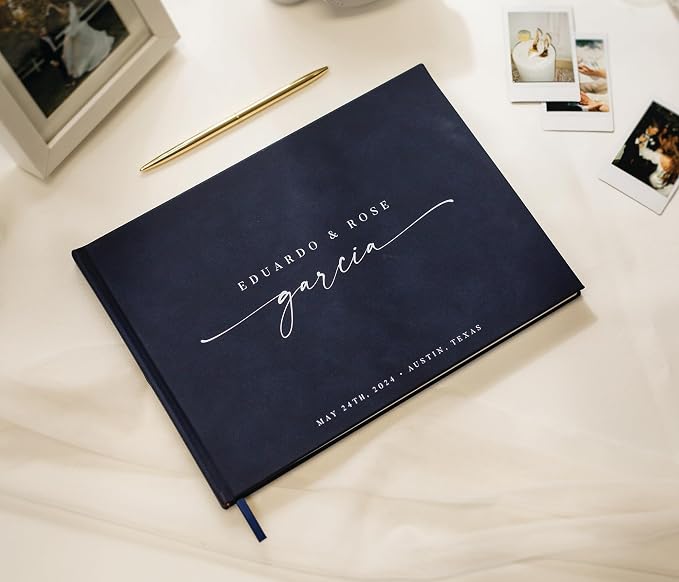 Personalized Guest Book - 11.5" x 8.5" Custom Bride & Groom Names with Bookmark and Hard Cover 140 GSM Blank Pages, for Weddings Guest Book, Engagements, Birthdays, Special Events, Navy - Image 6