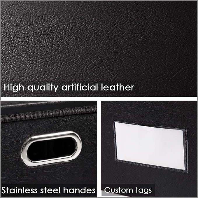Large Foldable Storage Bins with Lids [3-Pack] Leather Fabric Collapsible Storage Boxes Organizer Containers Baskets Cube with Cover for Home Bedroom Closet Office Black(17.7x11.8x11.8) - Image 4