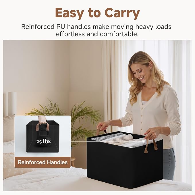 StorageWorks Fabric Storage Bins, Linen Closet Organizers, Black, 2-Pack | 45L, With Reinforced PU Handles, Metal Frame, Collapsible, Storage Basket for Shelves, Closet, Holds Clothes, Towels, Blanket - Image 5