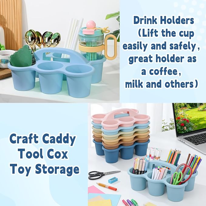 gisgfim 6 Pack Classroom Caddy Organizer with Handle, 6 Compartments, Boho | Stackable Plastic Table Caddies, 12x9x3.5 In, caddy Organizer for School Supplies, Crayons, Pencils, Crafts and Drink Cups - Image 5
