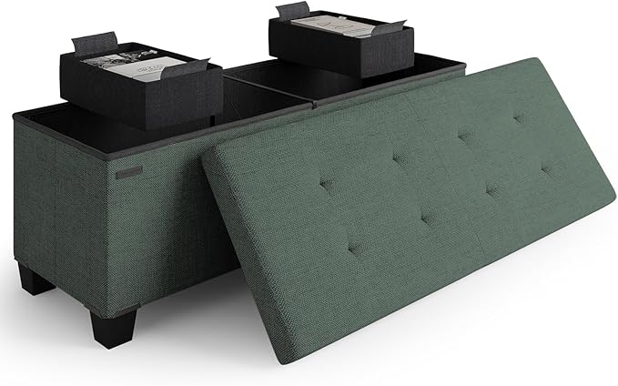 Storage Ottoman Bench with Bins, 43-in Storage Bench for Bedroom End of Bed, Folding Foot Rest Ottoman for Living Room Max 660lbs, Fabric Ottomans, Green by STORAGEBUD