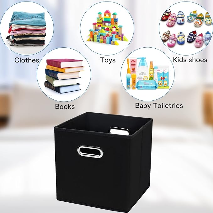 STOREONE Black Fabric Storage Bins Cubes Baskets Containers-(11X11X11) with Dual Handles Cube Storage Organizer Bins for Shelf Closet, Bedroom Organizers, Foldable Set of 3 (Black ) - Image 3