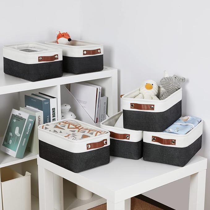 DULLEMELO Small Storage Baskets 6 Pack, Fabric Collapsible Gift Storage Baskets for Shelves, Closets, Nursery, Home, Office Organizing,Small Canvas Linen Rectangular Storage Bins (White&Black) - Image 7