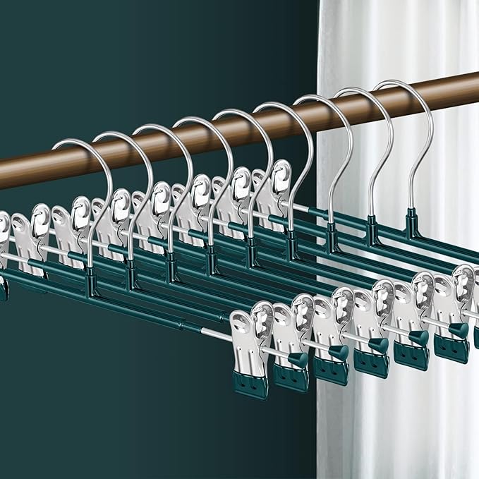14 Inch Pants Hangers with Clips Skirt Hangers, 50 Pack, Green | Non-Slip,Adjustable metal clips,Space-Saving,Heavy duty, for pants/skirt/dress/trousers/jeans/shorts/Clothes,Women,men by HWAJANClothesOrganizer