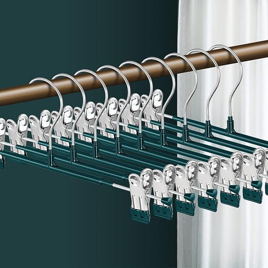 14 Inch Pants Hangers with Clips Skirt Hangers, 50 Pack, Green | Non-Slip,Adjustable metal clips,Space-Saving,Heavy duty, for pants/skirt/dress/trousers/jeans/shorts/Clothes,Women,men by HWAJANClothesOrganizer