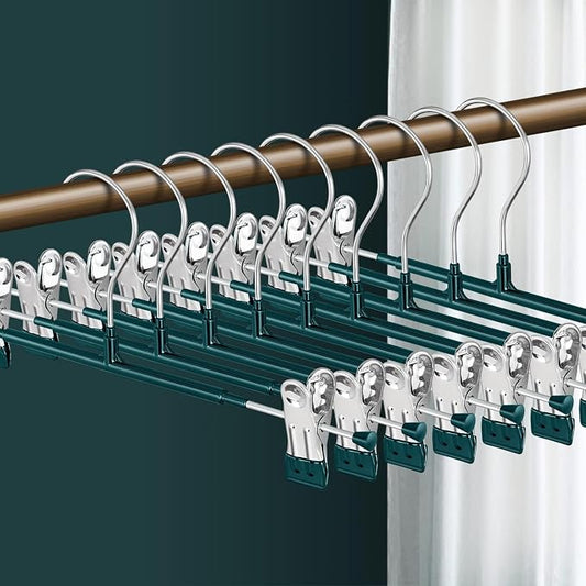 14 Inch Pants Hangers with Clips Skirt Hangers, 10 Pack, Green | Non-Slip,Adjustable metal clips,Space-Saving,Heavy duty, for pants/skirt/dress/trousers/jeans/shorts/Clothes,Women,men by HWAJANClothesOrganizer
