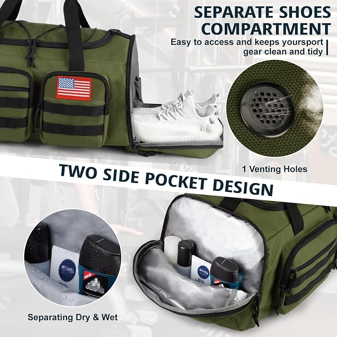 Tactical Gym Bag for Men,50L Large 3-in-1 Sports Duffle Bag for Travel Gym | Water Resistant ,Adjustable Shoulder Strap,MOLLE Weekender Overnight Bag with Shoes Compartment,Gym Backpack for Gym,Travel - Image 7