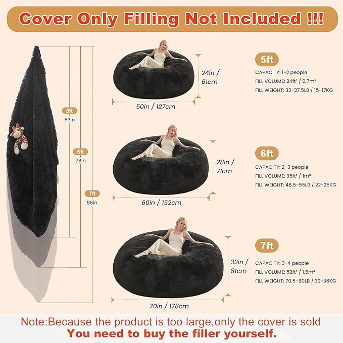 Bean Bag Cover (No Filler), Faux Fur Beanbag Chairs Covers Only, Stuffed Animal Storage Bean Bag, Giant Washable Beanbag Cover Without Filling, 6FT, Black - Image 2