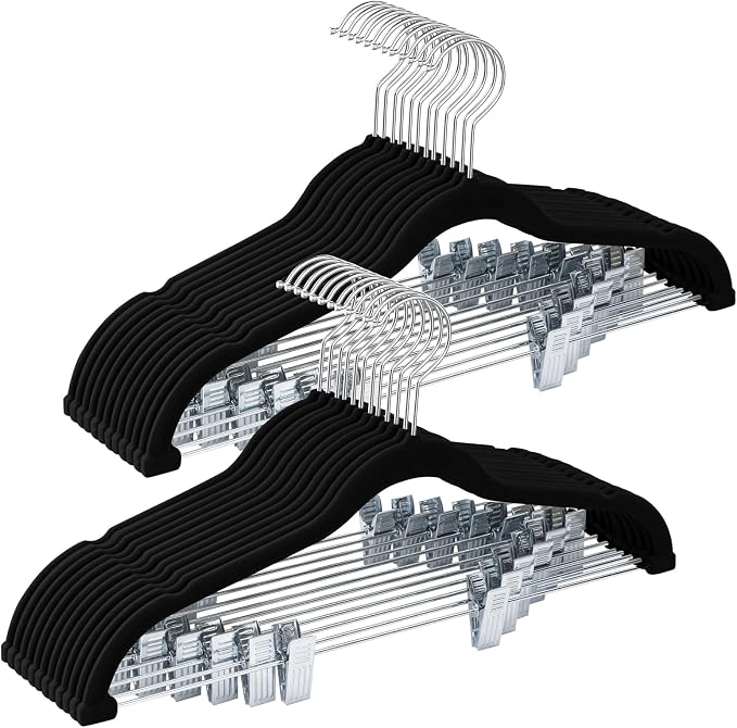 24-Pack Black Velvet Hangers with Clips Adjustable,Adult Hangers,Heavy-Duty,Felt,Non-Slip,Space Saving,Slim Outfit Hanger for Pants, Skirts, Suits,Coats, Dresses ect. by Uilmart