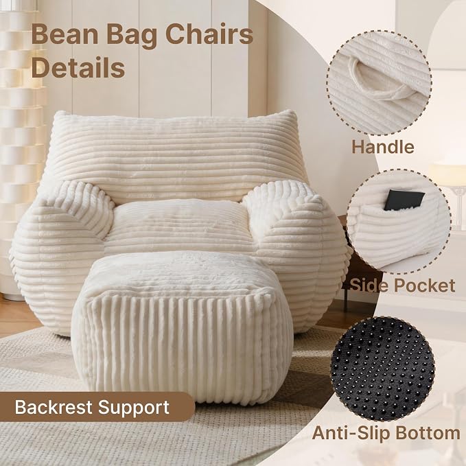 Oversized Bean Bag Chair with Ottoman, Bean Bag Couch with 2 Side Pockets, Corduroy Boneless Couch Chair in a Box, Comfy Lounge Chair for Living Room, Bedroom, Dorm, White - Image 3