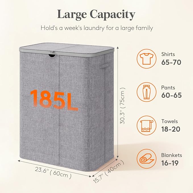 Lifewit 185L 3 Section Laundry Hamper with Lid, Laundry Basket, Light Gray | Large Foldable Laundry Sorter with 3 Removable Bags, Tall Clothes Hamper for Bedroom and Bathroom - Image 2