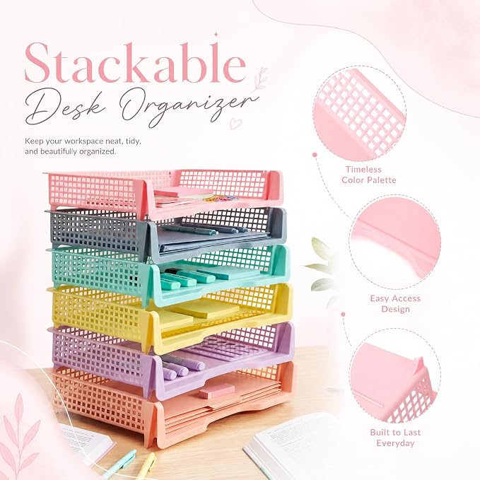 Tenceur 6 Pcs Turn in Trays Classroom, Pastel Stackable Paper Trays for Classroom Plastic Storage Baskets Teacher Organizers for Library Drawers Office Desk, 13.3 x 9.5 x 2.7 Inches - Image 3