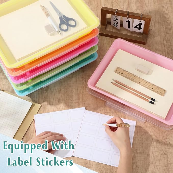 12 Pcs Classroom Paper Storage Bins with Clear Latching Lids Labels, Letter Size Stackable Flat Trays Container Paper Organizer for Teacher Back to School Office Arts Crafts (Macaron,13x10in) - Image 5