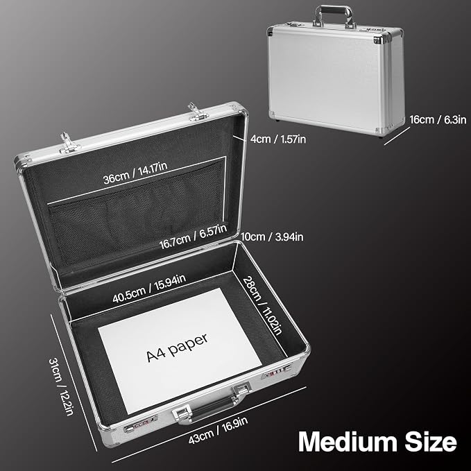 File Organizer Storage Box - 16.9 x 12.2 x 6.1 Inch Large, Portable Locking Storage Totes with Dual Combination Locks, Lock Boxes for Personal Items, Cash, Briefcase - Silver - Image 2