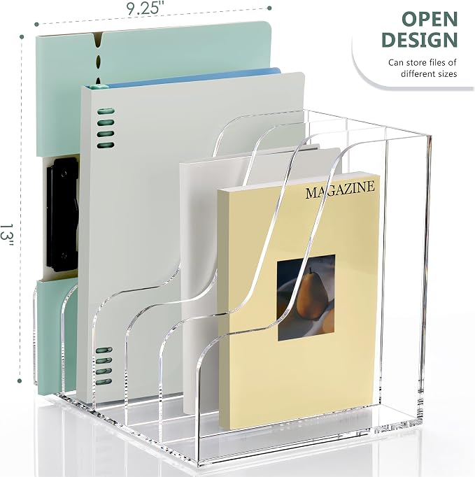 SANRUI Acrylic Desk Organizers, Clear Magazine File Holder, 5 Vertical Compartments A4 Folder Binder Holders Sorter, Office Desktop Workspace Organization Storage Rack for Office Home School - Image 3