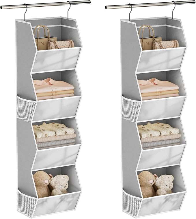 Wawocs 4 Shelf Hanging Closet Organizers and Storage for Kids 2 Packs, Grey | Hanging Shelves for Closet Organization, Hanging Closet Storage for Wardrobe Organizer, Closet Hanging Organizer for Bedroom by Wawocs