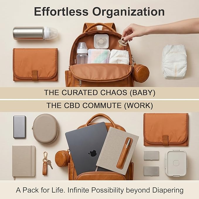 ROSEGIN Premium Vegan Leather Diaper Bag Backpack with Waterproof Changing Pad, Reinforced Zippers & Odor-Free, 20 Pockets Pro Organizer, Fits 15.6" Laptop, Stroller Straps, Baby Bag for Mom, Brown - Image 6