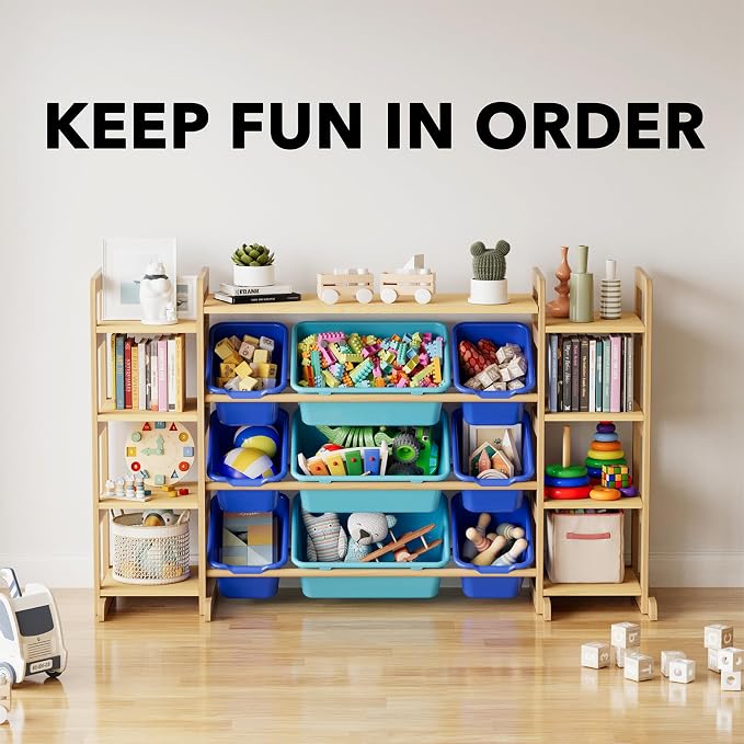 SpaceAid Large Toy Storage Organizer 9 Shelves 9 Bins, Toy Organizers Storage Bookshelf, Kids Bin Shelf Toys Box Bookcase for Bedroom Playroom Organization Room Decor, Blue and Navy Blue - Image 6