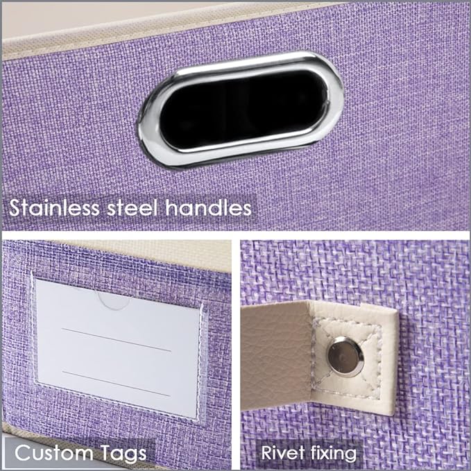 Large Foldable Storage Bins with Lids [3-Pack] linen Fabric Decorative Storage Boxes Organizer Containers Baskets Cube with Handles Divider for Bedroom Closet Purple&Cream(17.7x11.8x11.8) - Image 3