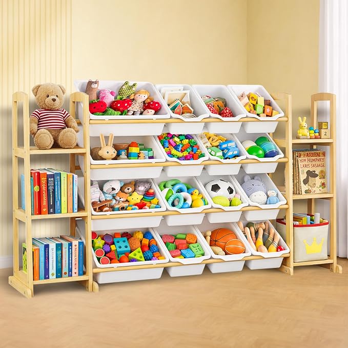 Kids Toy Storage Organizer with Bookshelf – Wooden Shelf with 16 Bins & 6 Shelves, Quick Assembly Storage Rack for Playroom, Bedroom, Nursery - White by KidsToyStorageOrganizer
