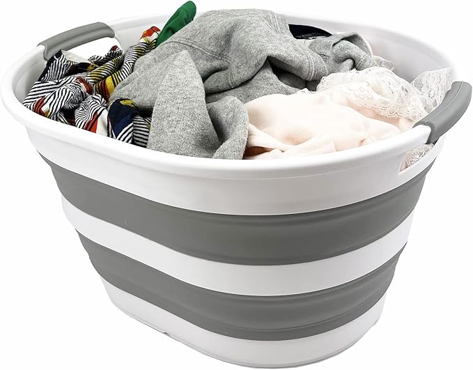 SAMMART Collapsible Plastic Oval Laundry Basket 23L (6 Gallons) -Foldable Storage Container/Organizer - Portable Washing Tub - Space Saving Hamper for Laundry, Camping & Home (White/Grey) - Image 8