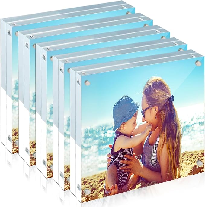 HELPLEX 5 Pack 4x4 Acrylic Picture Frames, 20mm Thicker Frameless Clear Frame Double Sided Magnetic Frame, Free Standing Desktop Display Stand Acrylic Frames by HELPLEX