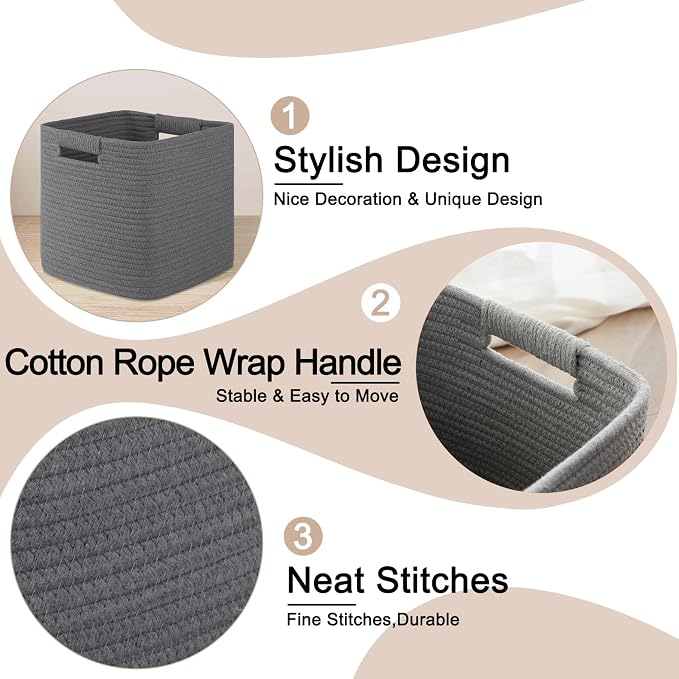 OIAHOMY Storage Cubes 11 Inch Storage Bins-3 Pack, Cotton Rope Woven Baskets for Organizing, Square Baskets for Shelves Organizer, Classroom, Toy Basket, DarK Grey - Image 4