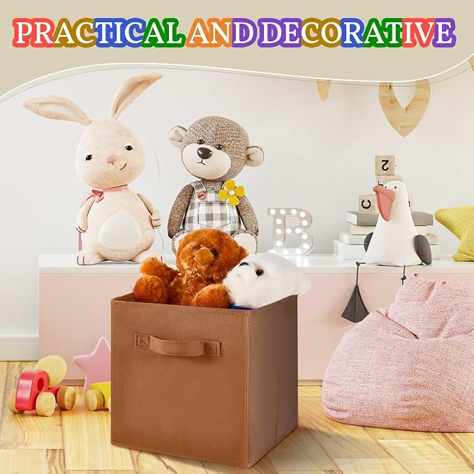 Yinder 4 Pcs Cube Storage Bin Brown 10.5''x10.5''x11'' Storage Bins for Playroom Decor Colorful Bins for Kids Foldable Baskets for Nursery Organizer Boxes Fabric Boxes - Image 7