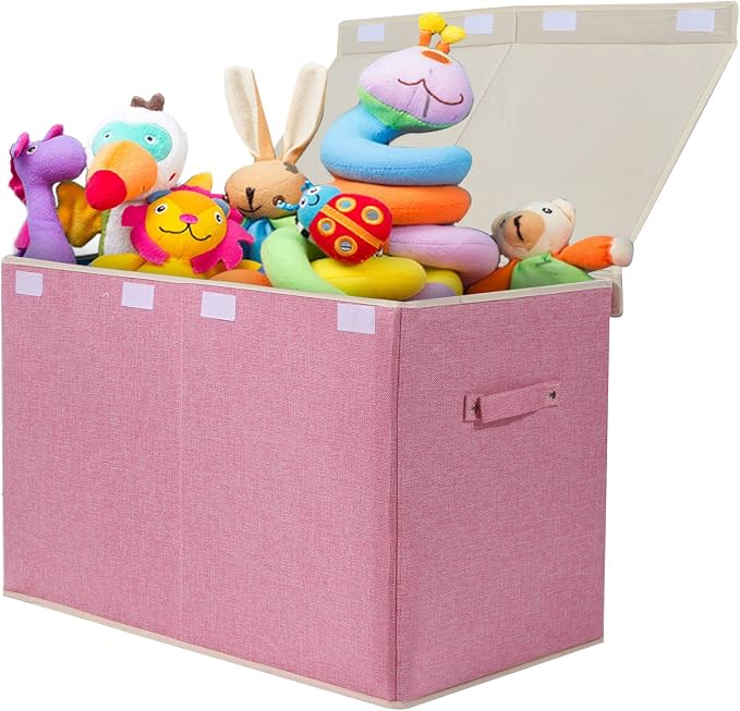 Large Toy Box Chest Storage with Flip-Top Lid, Kids Toy Storage Bin Boxes | Toy Chest with Rivets Handles for Kids, Boys, Girls, Nursery, Playroom, Living Room, Bedroom, 25"x 13" x 16" (Linen Pink) by popoly