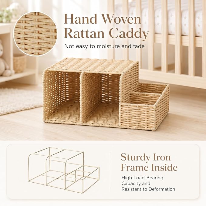 Rattan Diaper Caddy Organizer for Changing Table | Hand Woven Nursery Storage Basket for Baby Essentials, Baby Changing Table Organizer Perfect Nursery Assistant - Image 5